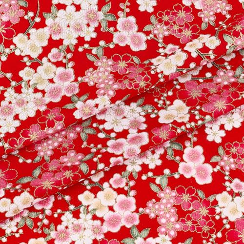 MAYJOYDIY 1 × 1.4 m Roter Japanische Baumwollstoffe Sakura Blumen Quiltstoffe Im Japanischen Stil Bronzing Design Zum Nähen von Kleidung Taschen Tischdecken Sofakissen DIY Bastelarbeiten von MAYJOYDIY