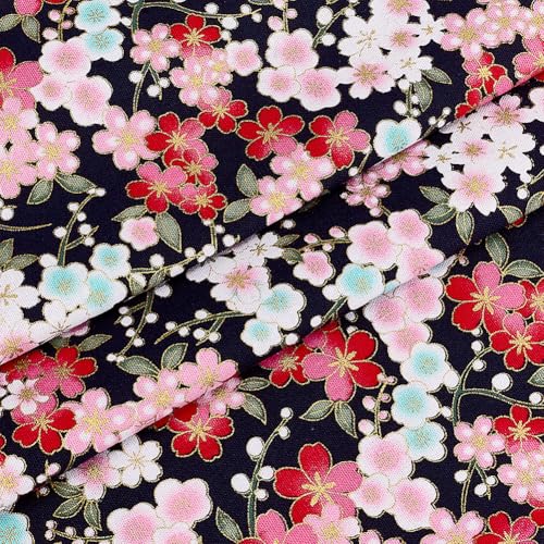 MAYJOYDIY 1 × 1.4 m Schwarzer Japanische Baumwollstoffe Sakura Blumen Quiltstoffe Im Japanischen Stil Bronzing Design Zum Nähen von Kleidung Taschen Tischdecken Sofakissen DIY Bastelarbeiten von MAYJOYDIY