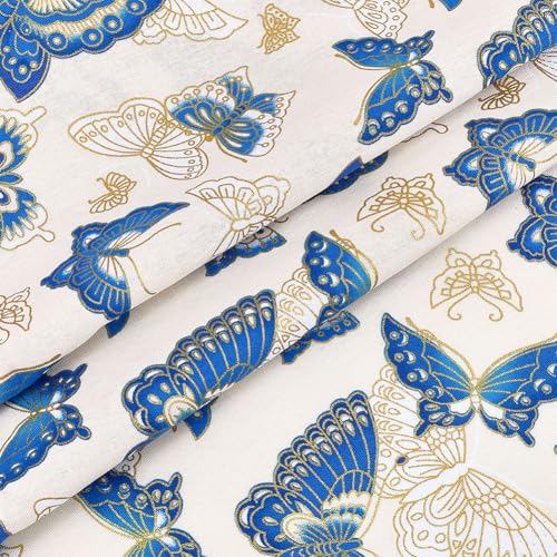MAYJOYDIY 1 × 1.4 m Weißer Japanische Baumwollstoffe Schmetterlings Quiltstoffe Im Japanischen Stil Bronzing Design Zum Nähen von Kleidung Taschen Tischdecken Sofakissen DIY Bastelarbeiten von MAYJOYDIY