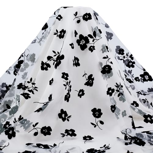 MAYJOYDIY 1.8m Schwarze Beflockte Blumen Weißer Netz Spitzenstoff 160~172cm Leichter Tüll Vintage Rosen Spitzenbesatz Stoff Für Hochzeits Tutu Kleid Dekor DIY Bastelzubehör von MAYJOYDIY