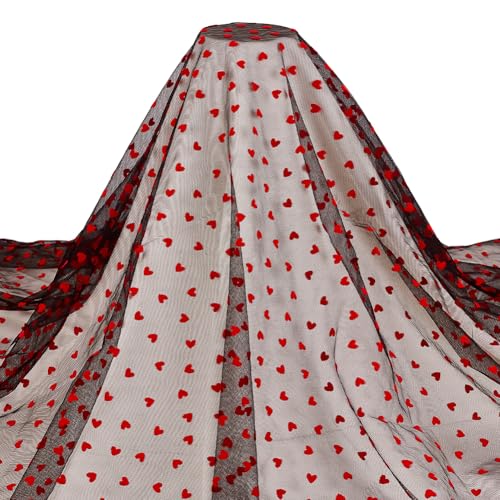MAYJOYDIY 1.8×1.6m Rotes Beflocktes Herz Spitzenstoff Tüll Spitzenbesatz Aus Samt Mit Herzform Netzmuster Stickstoffe Zum Nähen Für DIY Hochzeits Tutu Valentinstags Bastelzubehör(Schwarzer) von MAYJOYDIY