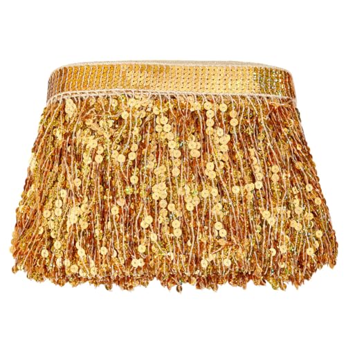 MAYJOYDIY 10m Goldenen Pailletten Fransenbesatz 17cm Funkelnde Fransenquastenbesatz Paillettenquasten Nähdekoration Für Lateinamerikanische Kleider Bühnenkostüme Nähen Basteln Party Dekoration von MAYJOYDIY