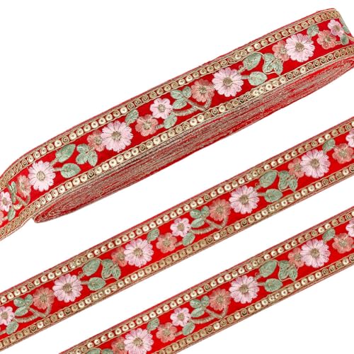 MAYJOYDIY 13.7m Rotes Vintage Jacquardband 44mm Goldfarbene Pailletten Ethnische Stickerei Blumenbesatz Boho Gewebtes Stoffbesatzband Zum Nähen von Handgefertigten Taschen Kleidung Und Basteln von MAYJOYDIY