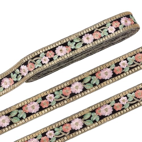 MAYJOYDIY 13.7m Schwarzes Vintage Jacquardband 44mm Goldfarbene Pailletten Ethnische Stickerei Blumenbesatz Boho Gewebtes Stoffbesatzband Zum Nähen von Handgefertigten Taschen Kleidung Und Basteln von MAYJOYDIY