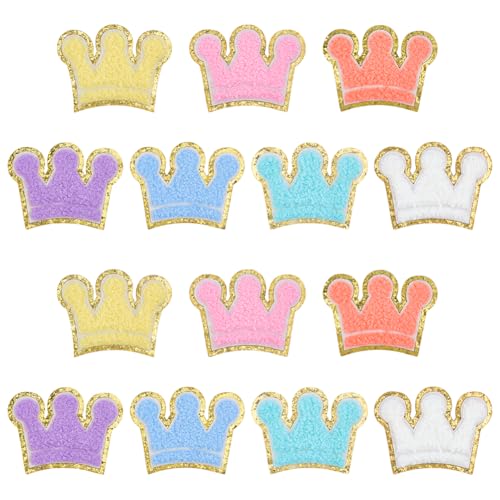 MAYJOYDIY 14 Stück 7 Farben Süßes Kronen Chenille Patch Set Glitzernde Goldene Kanten Zum Aufbügeln Kleidungsreparatur Und Dekoration Chenille Kronen Aufkleber Für Kleidung Jacken Kleider Jeans von MAYJOYDIY