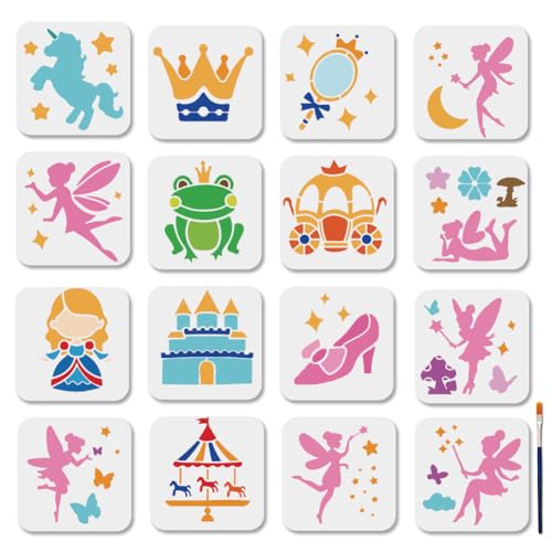 MAYJOYDIY 16 Stück Magisches Feen Schablonen Set Prinzessinnen Einhorn Malschablonen 15×15cm Wiederverwendbare Märchenschloss Zeichenvorlage Mit Pinsel Für Fenster Holz Wände Und Heimdekoration MAYJOYDIY 16 Stück Magisches Feen Schablonen Set Prinzessinnen Einhorn Malschablonen 15×15cm Wiederverwendbare Märchenschloss Zeichenvorlage Mit Pinsel Für Fenster Holz Wände Und Heimdekoration von MAYJOYDIY
