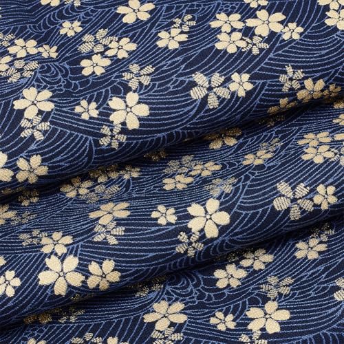MAYJOYDIY 1×1.5 m Blauer Baumwollstoff Japanische Quilt Stoffbündel Goldener Kirschblüten Und Wellen Druckstoff Für Taschen Tischdecken Sofakissen von MAYJOYDIY
