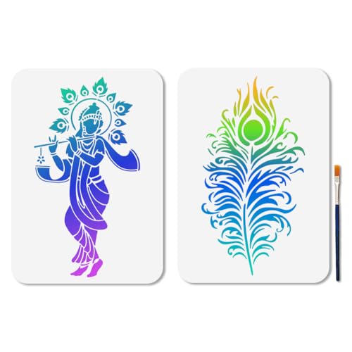 MAYJOYDIY 2 Stück Indische Gott Schablonen 29.7×21cm Pfauenfedern Malschablone Wiederverwendbare Krishna Flöte Vorlage Für DIY Bastelarbeiten Zum Malen Auf Holzmöbeln Leinwand Wanddekoration von MAYJOYDIY