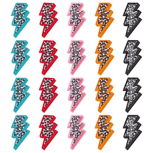 MAYJOYDIY 20 Stück Blitz Patches Mit Paillettenkanten 5 Farbe Blitz Leopardenmuster Chenille Bolt Aufnäher Zum Aufbügeln Bestickte Applikation Für DIY Hüte Taschen Kleidung Hosen Kunsthandwerk Nähen von MAYJOYDIY