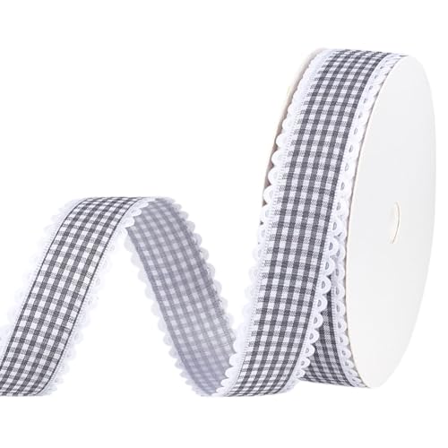 MAYJOYDIY 22.8m Graues Gingham Band 25mm Buffalo Plaid Bänder Spitzenrand Karierte Geschenkbänder Taft Karoband Zum Verpacken von Geschenken Kunsthandwerk Bögen Haarbögen Weihnachtsdekoration von MAYJOYDIY
