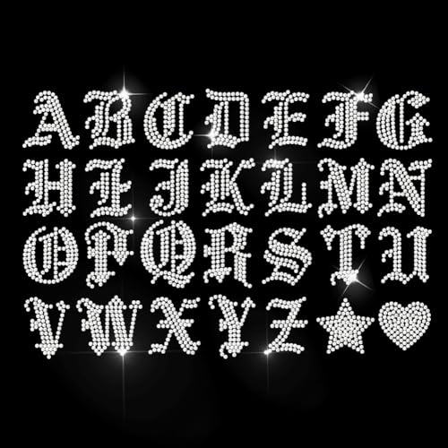 MAYJOYDIY 26 Gothic Alphabet Strass Aufbügler Hotfix Transfer Buchstaben Glitzernde Kristall Wärmeübertragungs Aufkleber Stern/Herz Strass Hotfix Aufkleber Für Hemden Taschen Hüte Jeans Schuh von MAYJOYDIY