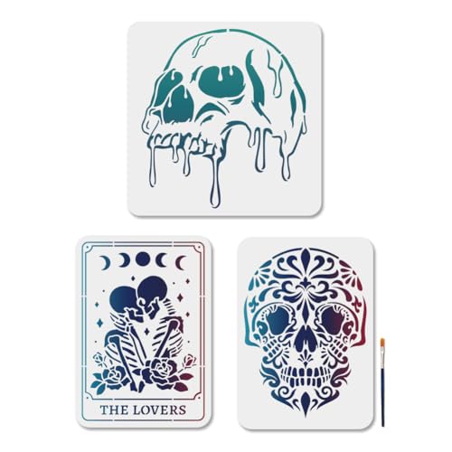 MAYJOYDIY 3 Stück Totenkopf Skelett Schablonen Set The Lovers Skull Malschablonen 30×30/29.7×21cm Wiederverwendbare Zeichenvorlage Mit Pinsel Für Fenster Holz Wände Und Heimdekoration MAYJOYDIY 3 Stück Totenkopf Skelett Schablonen Set The Lovers Skull Malschablonen 30×30/29.7×21cm Wiederverwendbare Zeichenvorlage Mit Pinsel Für Fenster Holz Wände Und Heimdekoration von MAYJOYDIY