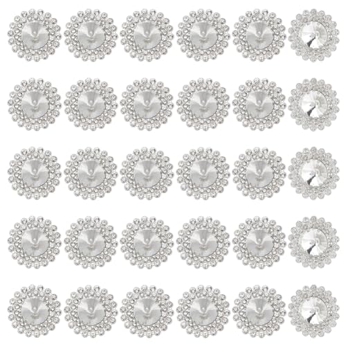 MAYJOYDIY 30 Stück 25.5mm Silberne Runde Strassknöpfe Funkelnde Verzierungen Glaskristallknöpfe 1 Loch Strass Ösenknöpfe Aus Legierung Für Kleidungsknöpfe DIY Schmuckhandwerk Blumenstrauß Dekoration von MAYJOYDIY