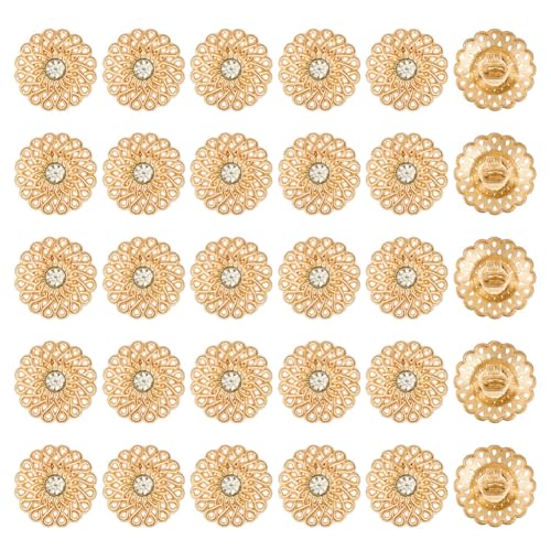 MAYJOYDIY 30 Stück Goldene Strass Hohlknöpfe Aus Legierung 20mm 1-Loch Runde Metallknöpfe Kristallverzierungen Für Kleidung Schmuck DIY Knopf Zum Nähen Basteln Hochzeitskleid von MAYJOYDIY