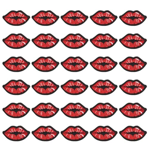 MAYJOYDIY 30 Stück Rote Kusslippen Bestickte Patches 38x67mm Süßer Mund Aufbügler/Aufnäher Applikation Sticker Patches Für Kleidung Anzughosen Hüte Jeans Nähblumen Applikation DIY Accessoire von MAYJOYDIY