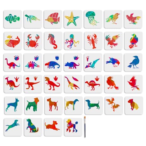 MAYJOYDIY 39 Tiermotiven Malschablone 15 × 15cm Meereslebewesen Kunstvorlage Wiederverwendbar Dinosaurier Hund Vogel PET Kunststoffschablone Seestern Quallen Vorlage Für Holz Stoff Wände Fenster von MAYJOYDIY