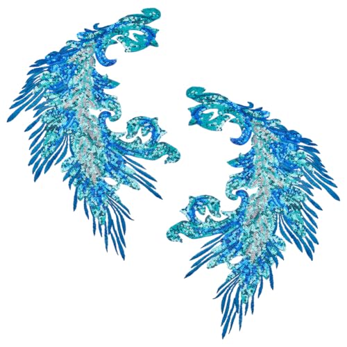 MAYJOYDIY 4 Stück Blaue Pailletten Stickerei Phönix Pfauenfederschwanz Applikation 41×26cm Feder Nähflicken Mit Pailletten Für Hochzeitskleid Abendkleid Hut Kissen Vorhang Tischdecke von MAYJOYDIY