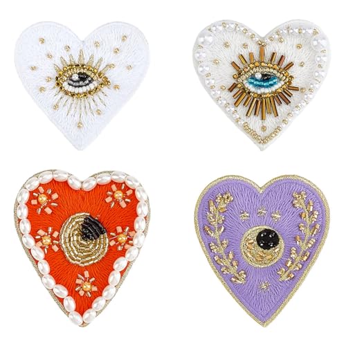 MAYJOYDIY 4 Stück Bösen Augen Herz Perlen Aufnäher Mystic Eye Bestickte Herz Applikation Perlen Stickerei Aufnäher Mit Strasssteinen Zum Aufnähen Für Kleidung Jeans Jacken Taschen Schuhe Dekor von MAYJOYDIY