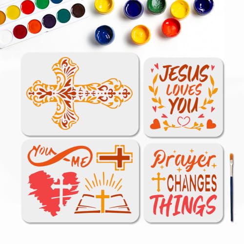 MAYJOYDIY 4 Stück Christlichem Thema Malschablonen Gemusterte Kreuzschablone 29.7×21cm/20×20cm Mit Pinselbuch Text „Gebet“ Wiederverwendbare Kunstvorlagen Für Holzfenster DIY Bastel Fotoalbum von MAYJOYDIY