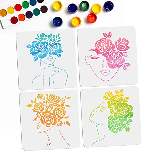 MAYJOYDIY 4 Stück Frauen Schablonen Mit Rosen Blumenmotiv 30x30cm Weibliches Gesicht Malschablonen Wiederverwendbar Langlebig Flexibel Bastelvorlage Auf Leinwand Kunstschablonenpapier DIY Dekor von MAYJOYDIY