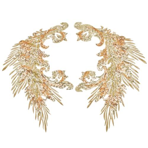 MAYJOYDIY 4 Stück Goldene Pailletten Stickerei Phönix Pfauenfeder Schwanz Applikation 41×26cm Feder Nähflicken Mit Pailletten Für Hochzeitskleid Abendkleid Hut Kissen Vorhang Tischdecke von MAYJOYDIY