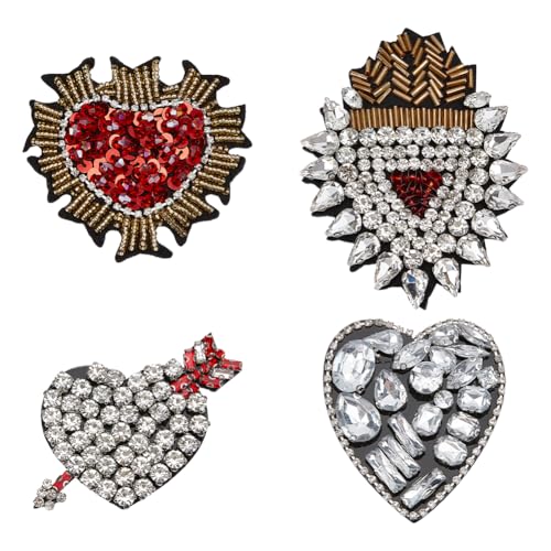 MAYJOYDIY 4 Stück Herz Strassperlen Aufnäher Zum Aufnähen Handgefertigte Herz Aufnäher Pfeil Pailletten Strass Stickerei Applikation Funkelnde Herzförmige Für Jeans Jacken Handtaschen Schuhe Dekor von MAYJOYDIY