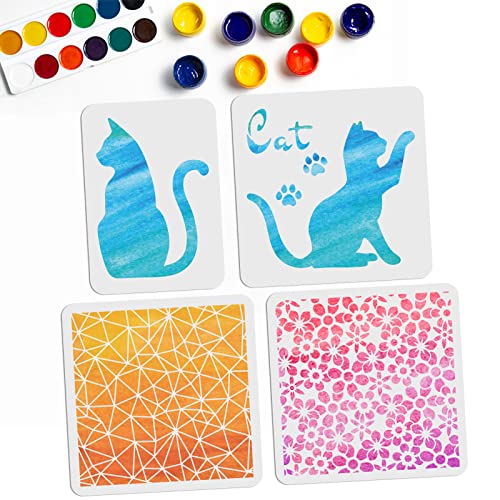 MAYJOYDIY 4 Stück Katze Schablonen Katze Blume Malschablonen 30×30/21×29.7cm Wiederverwendbare Katze Pfote Geometrische Malvorlage Für Holz Wände Fenster DIY Heimdekoration von MAYJOYDIY