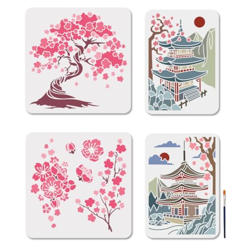 MAYJOYDIY 4 Stück Kirschblüten Baum Schablonen Set Japanische Tempel Malschablonen 30×30/29.7×21cm Wiederverwendbare Zeichenvorlage Mit Pinsel Für Fenster Holz Wände Heimdekoration MAYJOYDIY 4 Stück Kirschblüten Baum Schablonen Set Japanische Tempel Malschablonen 30×30/29.7×21cm Wiederverwendbare Zeichenvorlage Mit Pinsel Für Fenster Holz Wände Heimdekoration von MAYJOYDIY