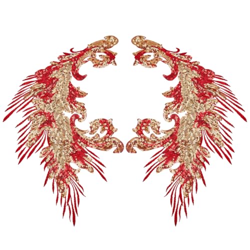 MAYJOYDIY 4 Stück Rote Pailletten Stickerei Phönix Pfauenfeder Schwanz Applikation 41×26cm Feder Nähflicken Mit Pailletten Für Hochzeitskleid Abendkleid Hut Kissen Vorhang Tischdecke von MAYJOYDIY
