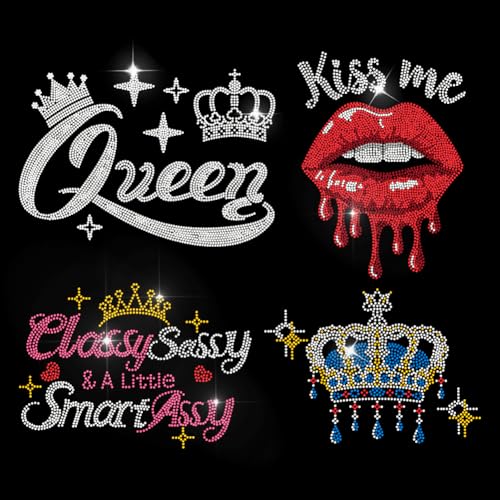 MAYJOYDIY 4 Stück Smart Queen Strass Aufkleber Zum Aufbügeln Kiss Me Lip Hotfix Transferaufkleber Kristallkrone Wärmeübertragungspatch Für T Shirts Hüte Jacken Kleidersäcke DIY Dekoration von MAYJOYDIY