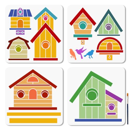 MAYJOYDIY 4 Stück Vogelhaus Schablone Zum Malen 30×30cm Vogelnest Zeichenschablone Frühlingsthema Bastelschablone Mit Pinsel Zum Basteln Malen Auf Holz Basteln Leinwand Wänden Dekoration von MAYJOYDIY