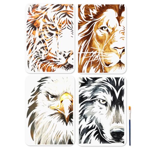 MAYJOYDIY 4 Stück Wildtier Tiere Schablonen Tiger Löwe Wolf Adler Schablonen für Malerei 29,7×21cm mit Pinsel wiederverwendbare Tier Schablonen für Handwerk auf Fenster Holz Wand Home Decor von MAYJOYDIY