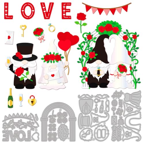 MAYJOYDIY 4 x Hochzeitswichtel, Metall-Stanzformen, Hochzeits-Thema, Zwerge, Stanzformen, Liebe, Rose, Braut und Bräutigam, Karbonstahl, Stanzschablonen für Hochzeitseinladungen, Prägepapierkarten von MAYJOYDIY