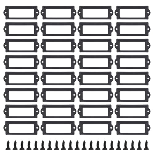 MAYJOYDIY 40 Stück Schwarze Etikettenhalter Aus Metall 83×32mm Für Büro Dateinamenskarten Schrankregale Schubladen Etikettenhalterrahmen Mit Schrauben Für Bibliotheks Büro Und Notizbücher von MAYJOYDIY
