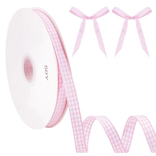 MAYJOYDIY 45.7m Rosa Weißes Gingham Band 10mm Rosa Kariert Kariertes Geschenkband Büffelband Taft Karoband Zum Verpacken von Geschenken Kunsthandwerk Bögen Haarbögen Weihnachtsdekoration von MAYJOYDIY