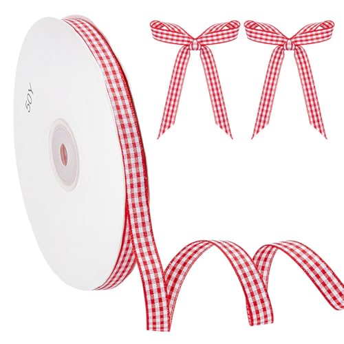 MAYJOYDIY 45.7m Rot Weißes Gingham Band 10mm Vichy Geschenkband Rot Weiß Dekoband Schleifenband Karoband für Schleifen, Nähen, Geschenkverpackungen, Hochzeit, Brautparty von MAYJOYDIY