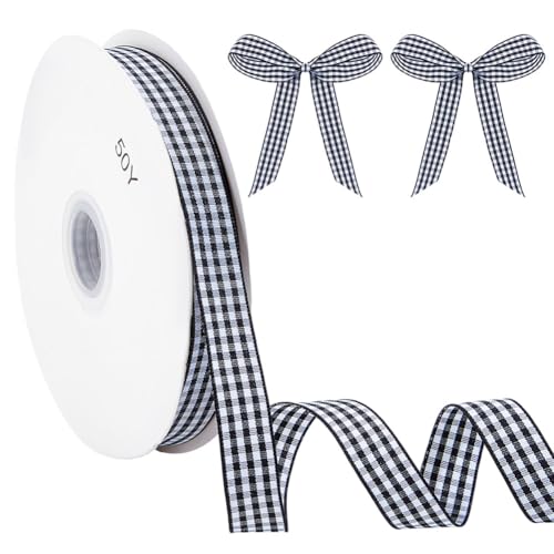 MAYJOYDIY 45.7m Schwarz Weißes Gingham Band 15mm Vichy Geschenkband Schwarz Weiß Dekoband Schleifenband Karoband für Schleifen, Nähen, Geschenkverpackungen, Hochzeit, Brautparty von MAYJOYDIY