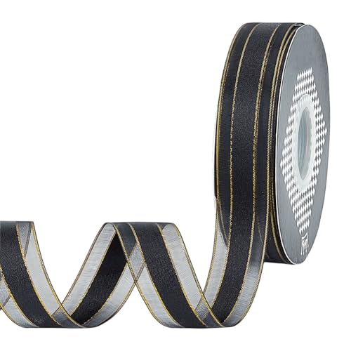 MAYJOYDIY 45m/Rolle Schwarzes Durchsichtiges Organzaband Mit Goldrand 25mm Transparent Weich Schimmernd Netz Voile Stoff Polyesterbänder Für Verpacken Geschenken Geburtstagen Hochzeitsdekorationen von MAYJOYDIY