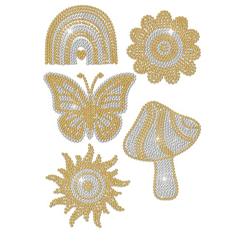 MAYJOYDIY 5 Stil Strass Buegelbilder Hotfix Waermeuebertragung Regenbogen Sonne Blume Pilz Schmetterling Applikationen Fuer Kleidung Taschen Hosen Stoff Dekor von MAYJOYDIY
