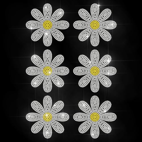 MAYJOYDIY 6 kleiner Gänseblümchen Strass Aufkleber Zum Aufbügeln Frühlingsblume Hotfix Transfer Aufkleber Kristall Blumen Wärmeübertragungs Patch Für T Shirts Hüte Jacken Kleidersäcke DIY Dekoration von MAYJOYDIY