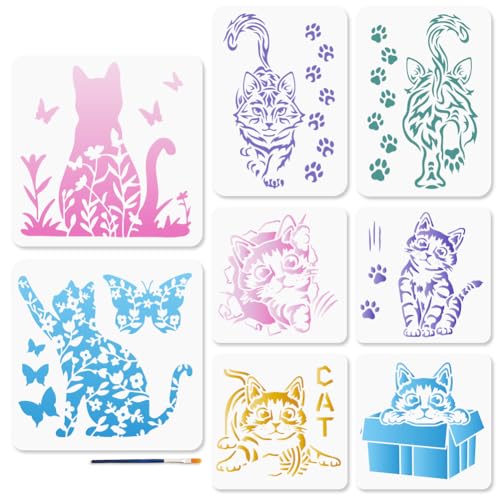 MAYJOYDIY 8 Stück Katze Thema Schablonen Nette Walking Cat Paw Print Schablonen mit Pinsel Kätzchen Box Blume Katze Schmetterling Wiederverwendbare Schablonen für Holz Fenster DIY Handwerk (3 Größe) von MAYJOYDIY