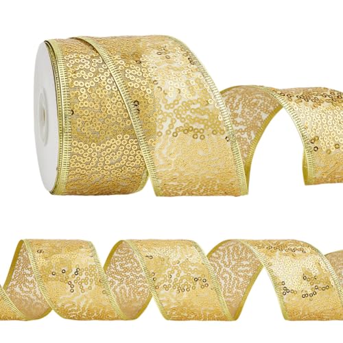 MAYJOYDIY 9,1 m goldenes Paillettennetzband mit Draht, 5,1 cm, metallisches Pailletten-Glitzer-Netzband, goldfarbener Draht, Weihnachtsverzierung für Weihnachten, Heimdekoration, Schleife MAYJOYDIY 9,1 m goldenes Paillettennetzband mit Draht, 5,1 cm, metallisches Pailletten-Glitzer-Netzband, goldfarbener Draht, Weihnachtsverzierung für Weihnachten, Heimdekoration, Schleife von MAYJOYDIY