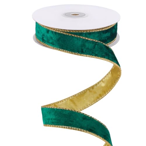 MAYJOYDIY 9,1 m grünes und goldenes Samtband mit Draht, 2,4 cm breit, einseitiges Samtband mit goldener Rückseite, für Weihnachtsbaum, Girlande, Kranz, Party-Dekoration, Geschenkverpackungen von MAYJOYDIY