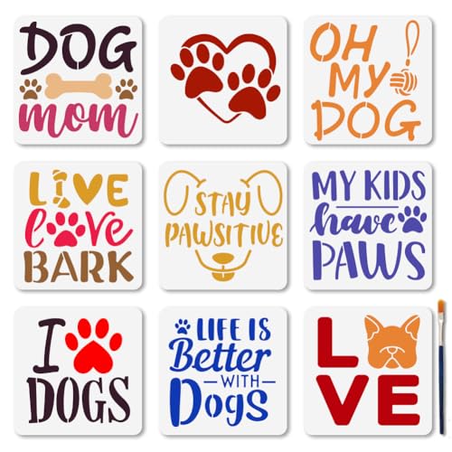 MAYJOYDIY 9 Schablonenset Mit Hundefreundlichen Texten 15 × 15cm Süße Welpenpfoten Malschablonen Wiederverwendbare Vorlage Mit Liebesgebell DIY Basteln Zum Malen Auf Holzmöbeln Leinwand Wanddekoration von MAYJOYDIY