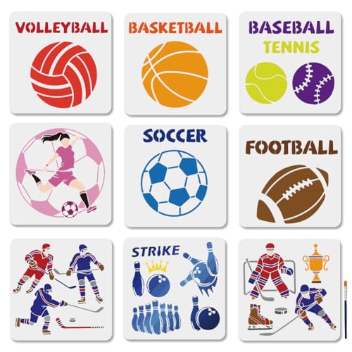 MAYJOYDIY 9 Stück Ballspiele Schablonen Set Fußball Und Basketball Malschablonen 30×30cm Wiederverwendbare Zeichenvorlage Für Curling Wettbewerbe Mit Pinsel Für Fenster Holz Wände MAYJOYDIY 9 Stück Ballspiele Schablonen Set Fußball Und Basketball Malschablonen 30×30cm Wiederverwendbare Zeichenvorlage Für Curling Wettbewerbe Mit Pinsel Für Fenster Holz Wände von MAYJOYDIY
