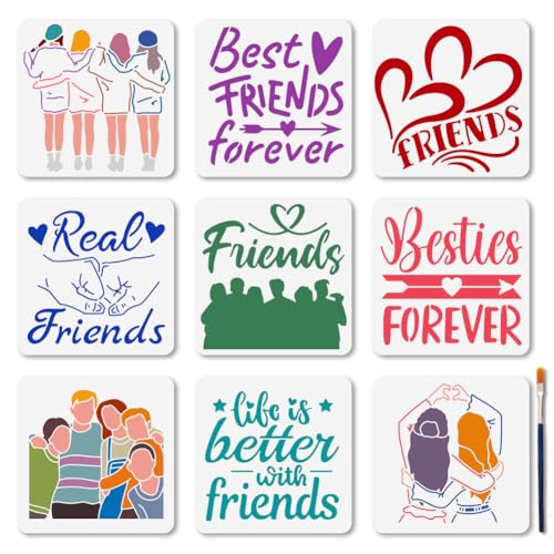 MAYJOYDIY 9 Stück Schablonenset Best Friends Forever 15 × 15cm Gruppenfoto Malschablonen Wiederverwendbare Liebespfeil Vorlage DIY Bastelarbeiten Zum Malen Auf Holzmöbeln Leinwand Wanddekoration von MAYJOYDIY