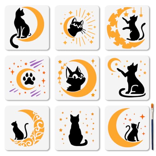 MAYJOYDIY 9 Teiliges Schablonenset Katze Auf Dem Mond 15×15cm Malschablonen Für Den Sternenhimmel Wiederverwendbare Vorlage Für DIY Bastelarbeiten Zum Malen Auf Holzmöbeln Leinwand Wanddekoration von MAYJOYDIY