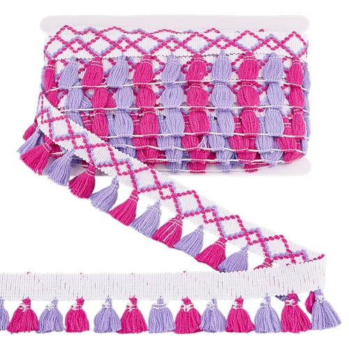 MAYJOYDIY 9.1 m × 50mm Bunte Quastenfransenbesatz Polyester Quasten Spitzenband Zweifarbige Vorhangbordüre Mit Quasten Zum Nähen Basteln Kissen Heimdekoration (Magenta + Lila) von MAYJOYDIY