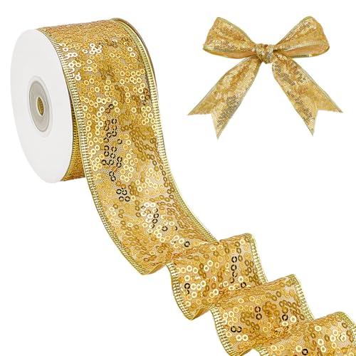 MAYJOYDIY 9.1m Gold Pailletten Netzband 5cm Weihnachtliches Flaches Glitzerndes Polyesterband Mit Kunststoff Pailletten Zum Verpacken von Geschenken Blumenbasteln Schleifen Girlanden Weihnachtsdekor von MAYJOYDIY