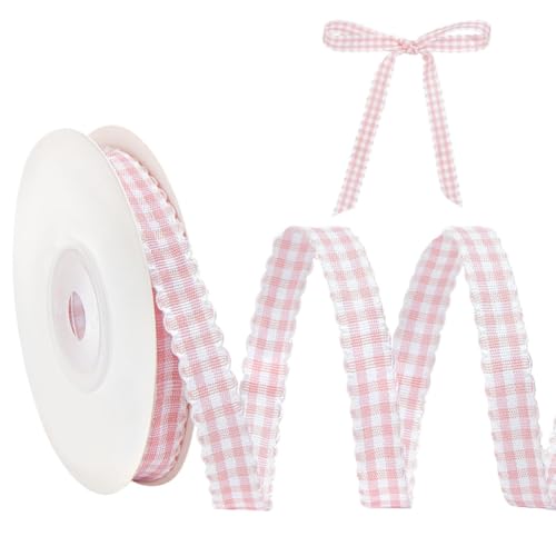 MAYJOYDIY 9.1m Rosa Kariertes Gingham Band 10mm Kariertes Band Mit Gewelltem Rand Gewebte Polyester Karokante Für Haarschmuck Blumen Geschenkverpackungen Blumensträuße Kleidungsdekoration von MAYJOYDIY